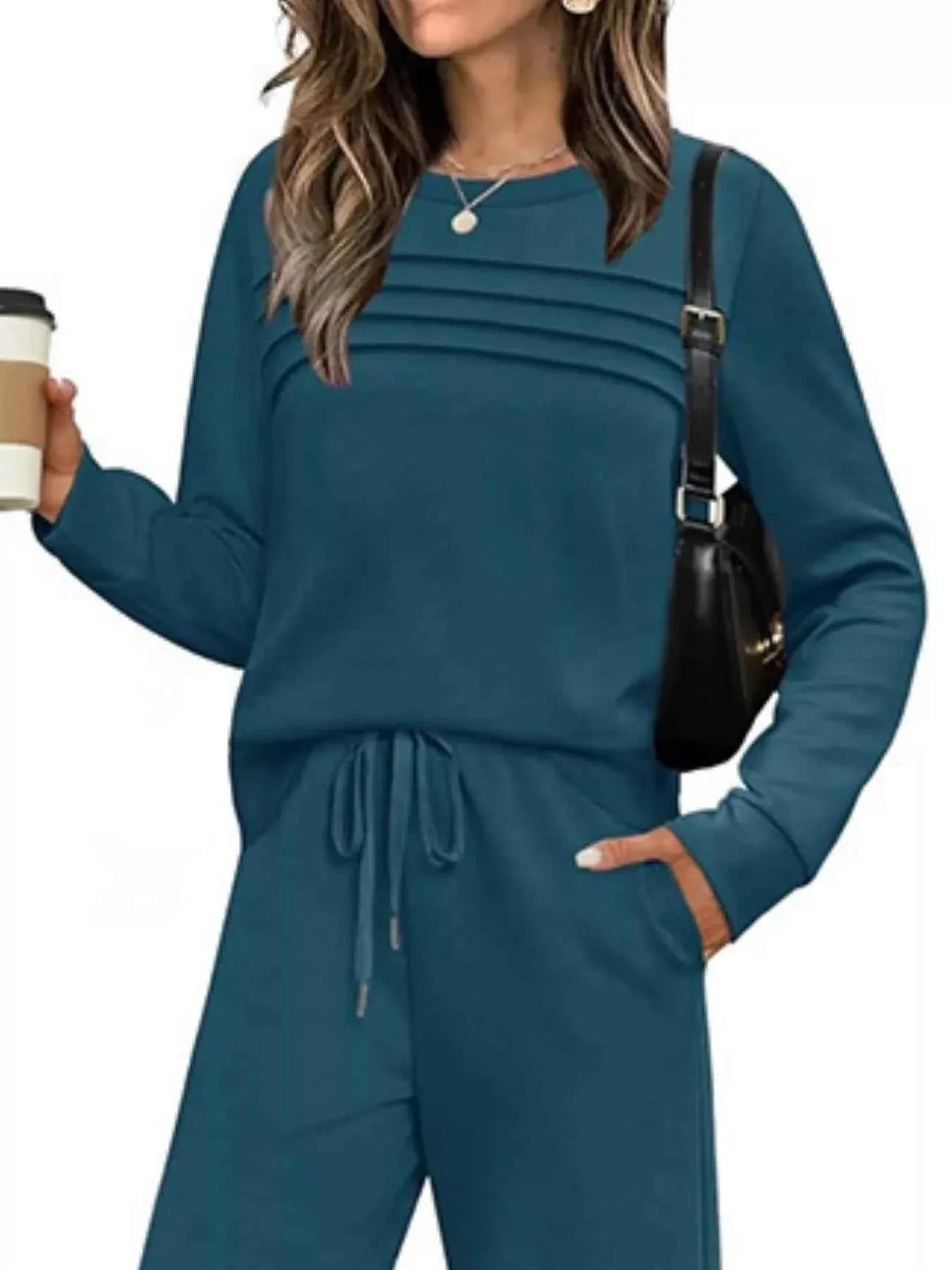 Full Size Round Neck Long Sleeve Top and Pants Set Plus Size