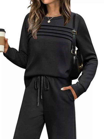 Full Size Round Neck Long Sleeve Top and Pants Set Plus Size