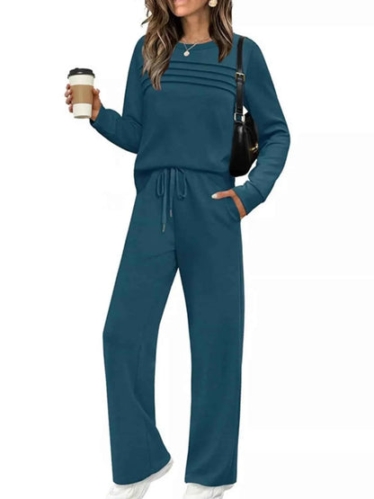 Full Size Round Neck Long Sleeve Top and Pants Set Plus Size