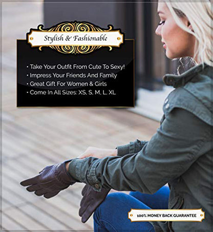 Women's Warm Winter Dress And Work Gloves, Thermal Lining, Genuine Brown Leather