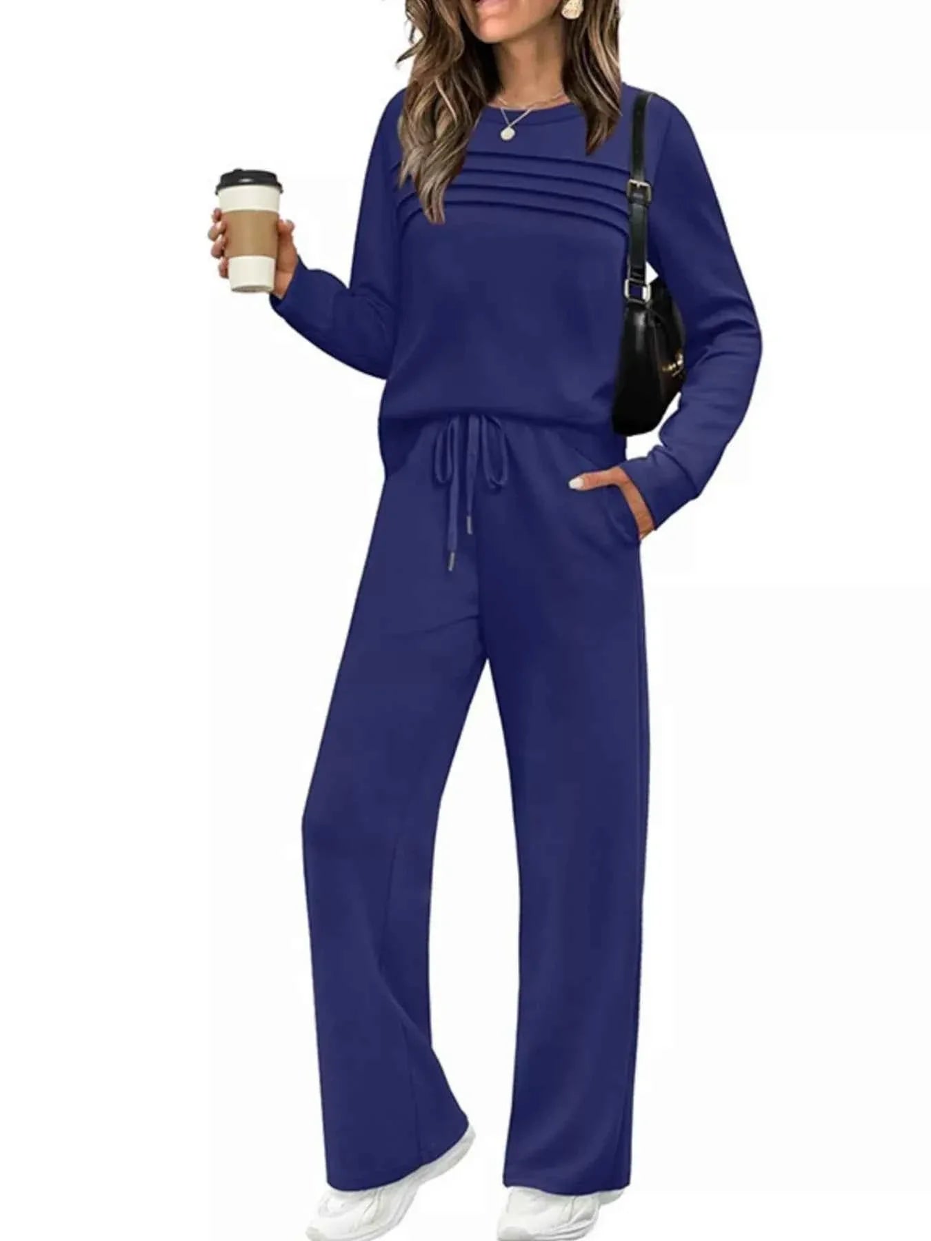 Full Size Round Neck Long Sleeve Top and Pants Set Plus Size