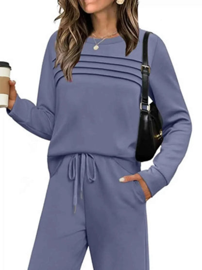 Full Size Round Neck Long Sleeve Top and Pants Set Plus Size