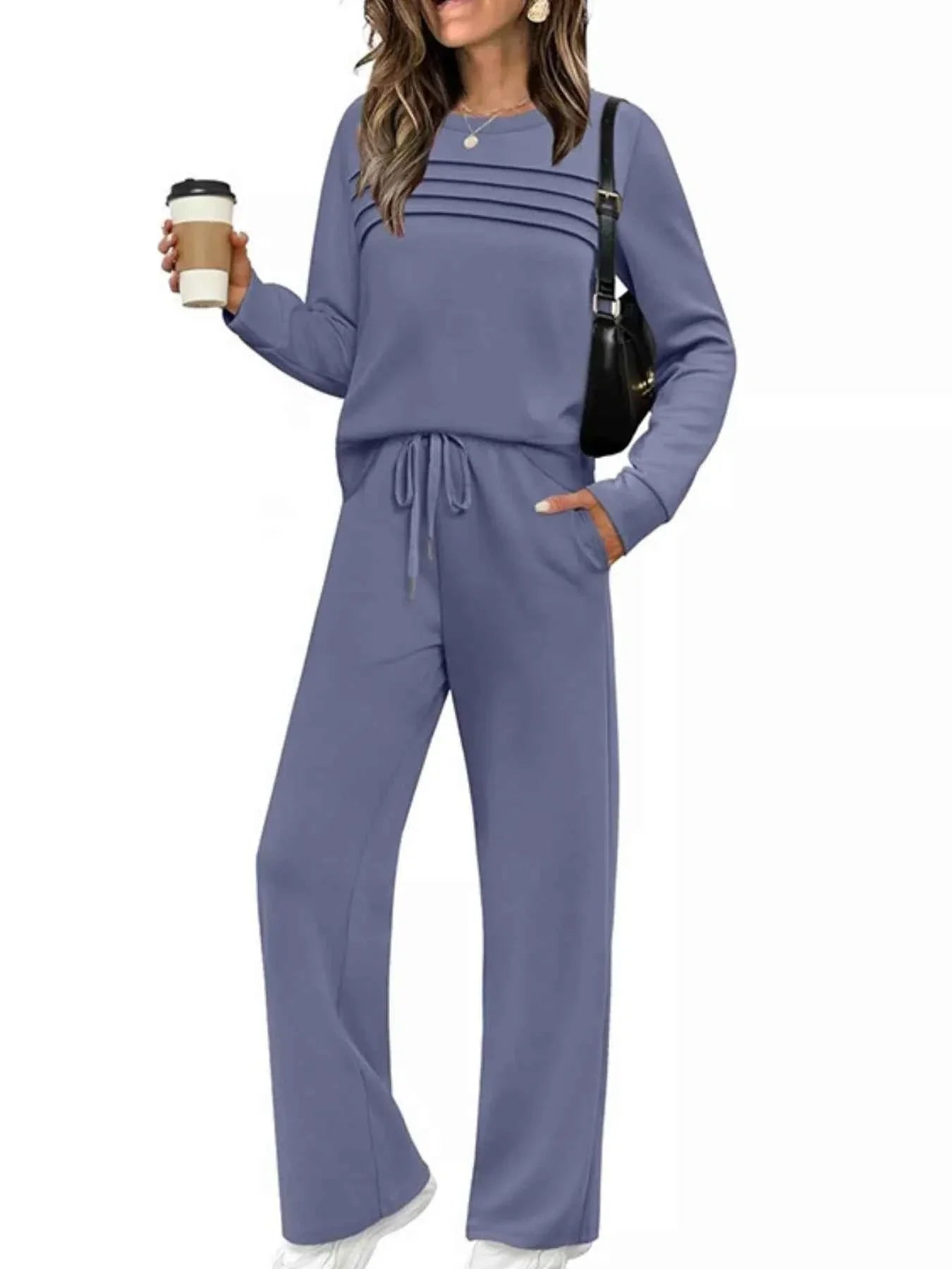 Full Size Round Neck Long Sleeve Top and Pants Set Plus Size